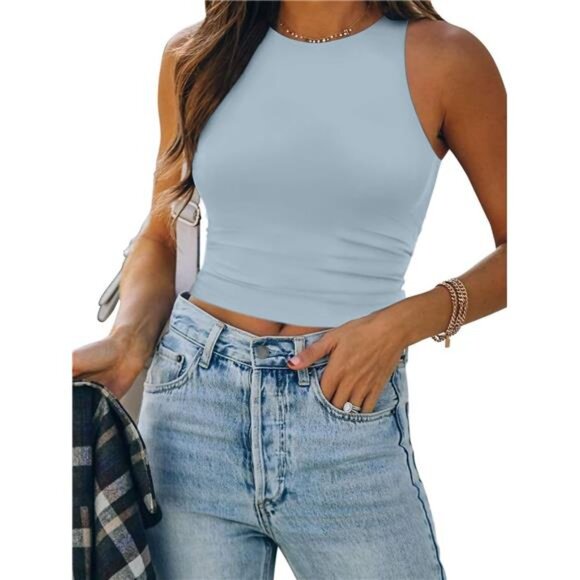 Tops - Womens Double Lined Crop Tank Tops Casual Basic Shirts Sleeveless Light Blue